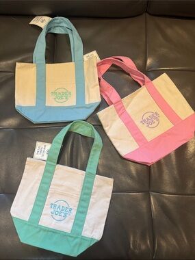Trader Joe's Canvas Tote Bag Bundle - Pink, Blue, and Green